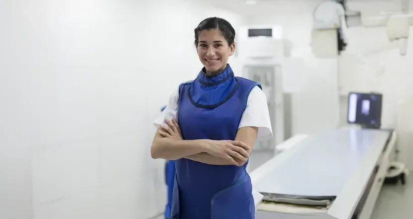 Radiologic technologist standing confidently in a clinical setting wearing a lead apron near medical imaging equipment.